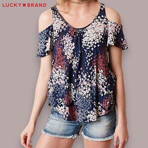 Lucky Brand Floral Cold Shoulder Top Navy Shoulderless Boho Festival Shirt Sz 1X